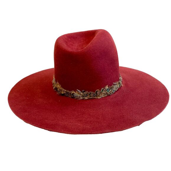 NWOT Custom Wide Brim Offset Crown Felt Fedora W Feather Band by Covet Austin TX - Picture 1 of 13